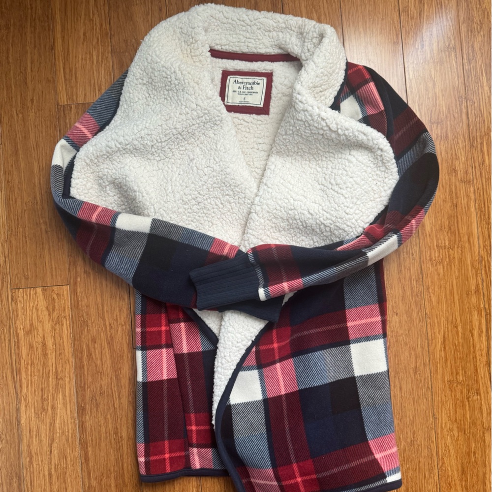 Abercrombie & Fitch Cream Sherpa /Fleece Plaid Open Jacket